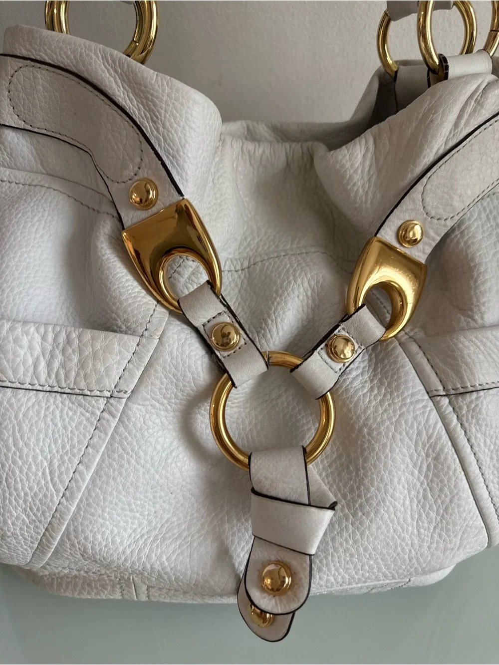 b. makowsky White Leather Shoulder Bag with Gold Ring Detail